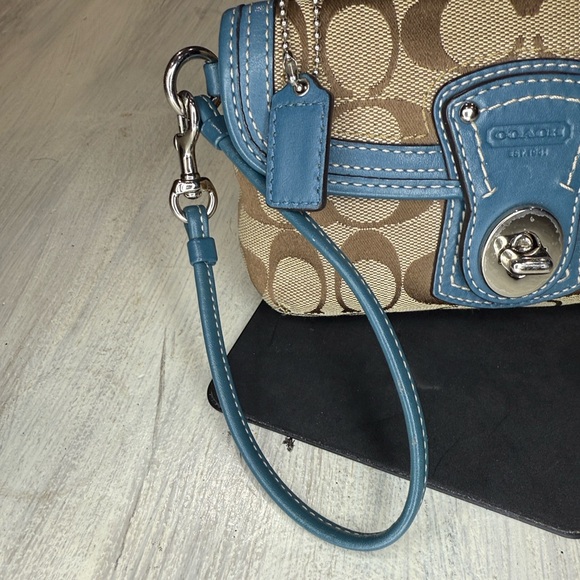 Coach Legacy Turn Lock Monogram Wristlet in Tan and Blue